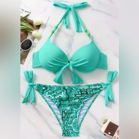 Green Paisley Halter Push Up Bikini Set - Picture 2 of 6